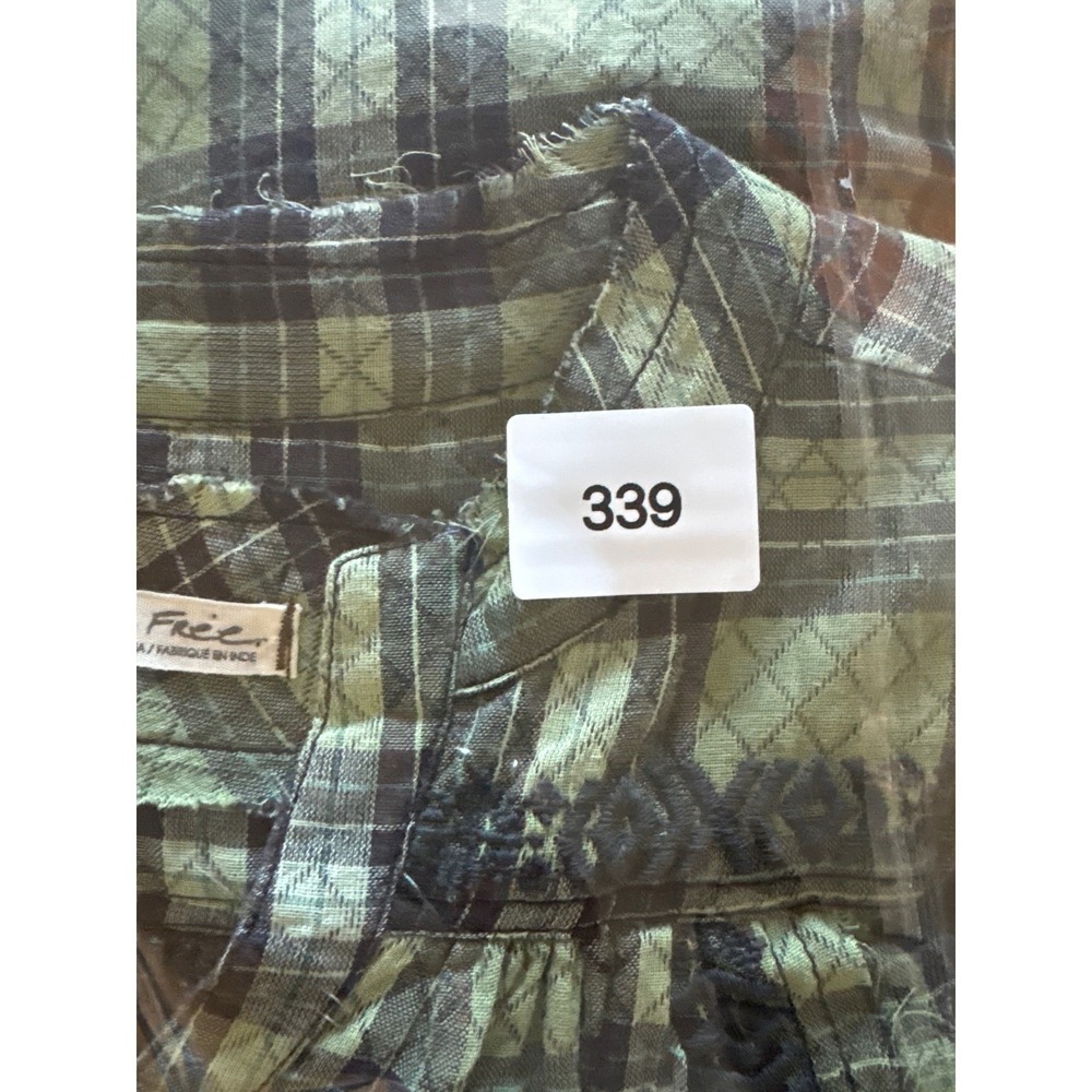 Free People Blouse Women Green Plaid Embroidered Henley Boho Raw Hem Size S - Picture 16 of 16